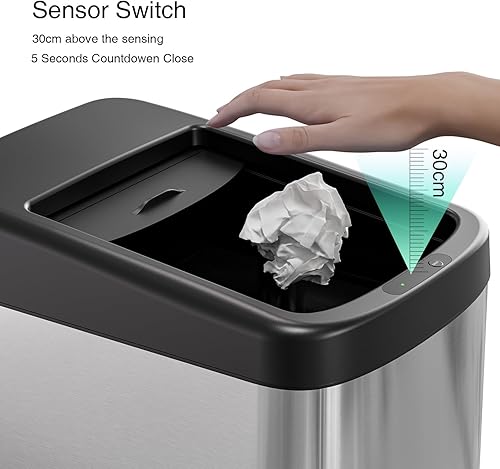 Miniatura 4 de ELLO&ALLO Bote de basura de cocina de 13 galones con tapa enrollable, sensor de movimiento automático sin contacto rectangular con ruedas, acabado