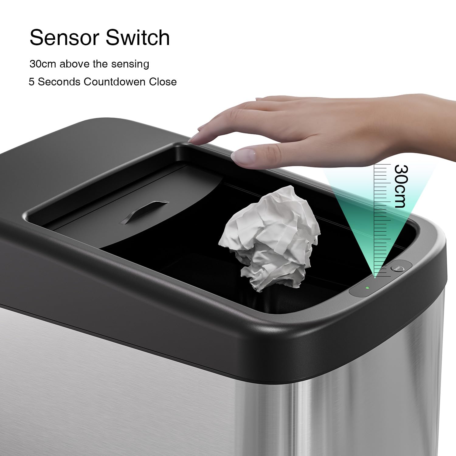 ELLO&ALLO Garbage Can Motion Sensor Trash Can 13 Gallon for Kitchen with Roll Up Lid, Automatic Touchless High-Capacity Waste Bin, Brushed Stainless Steel
