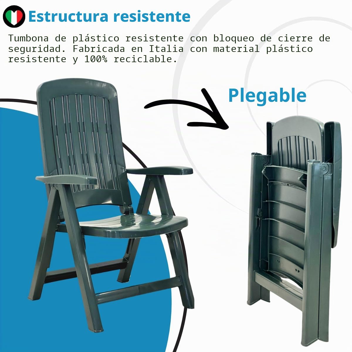 Tomaino Tumbona de jardín plegable de plástico – Sillón para exterior, casa, camping reclinable – 5 posiciones – Con reposabrazos (negro)