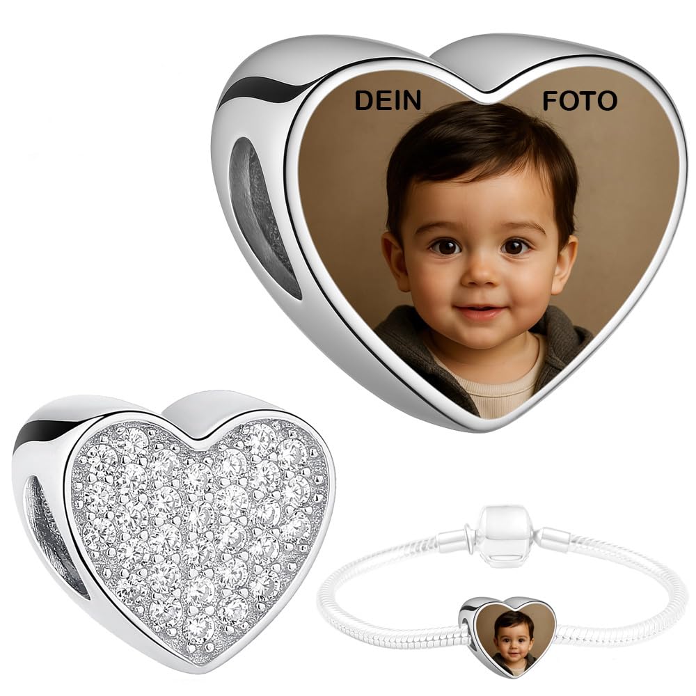 2Burned Silber 925 Personalisierter Schmuck Foto-Charm – Kompatibel mit Europäisches-Armbändern, Liebe Herz Personalisiertes Geschenk – Fügen Sie Ihr Bild hinzu Zirkon