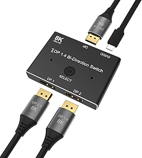 DisplayPort Switch Splitter, Bi-Directional DP 1.4 2 in 1 Out/1 in 2 Out Switcher, Support 8K @ 30Hz 4K @ 120Hz Splitter Converter for Multiple Source and DisplaysPort