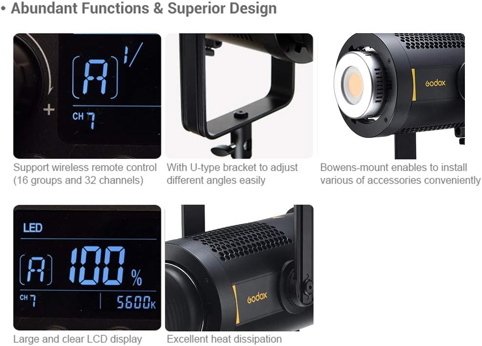 Detailed view of Godox FV200 features including the U-type bracket, Bowens mount, clear LCD display, and heat dissipation vents.