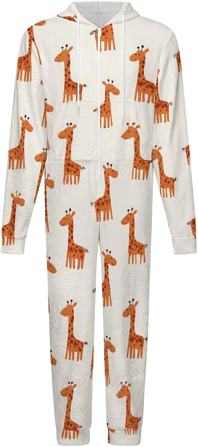 Adult Flannel Hoodie One Pieces Pjs Sets Cartoon Giraffe One-Piece Pajama for Women & Men Soft Warm