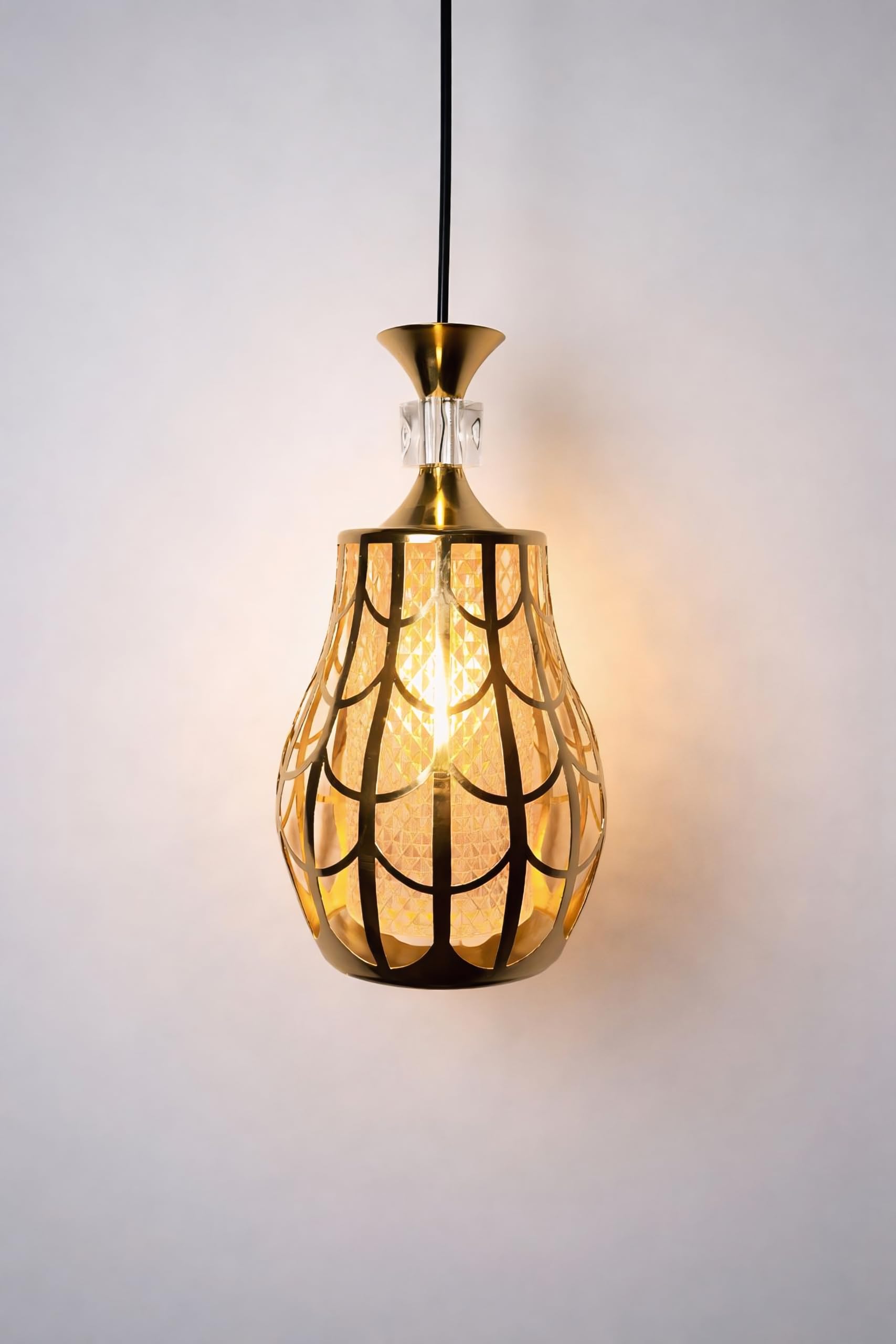 Glass Pendant Hanging Lamp, Gold Scalloped Cage Design, Mid-Century Style Ceiling Light-image-27