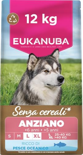 EUKANUBA Cibo secco per cani Senior senza cereali con pesce per razze di taglia grande - Alimento secco premium privo di cereali per cani anziani, 12 kg