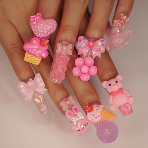 Kawaii - Uñas postizas largas a presión cuadradas rosadas, uñas postizas con dulces dulces y dulces con corazón 3D, oso, lazo, conejo, flores,