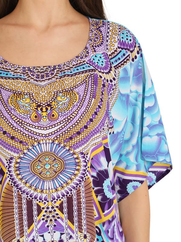 Image of Miss Lavish London Swimwear Cover ups Kaftan Dresses for Women Ethnic Print V Neck, Beach Coverups Plus Size, Side Slit & Pockets on Both Sides, Womens Beach Resort Wear-Purple-XL