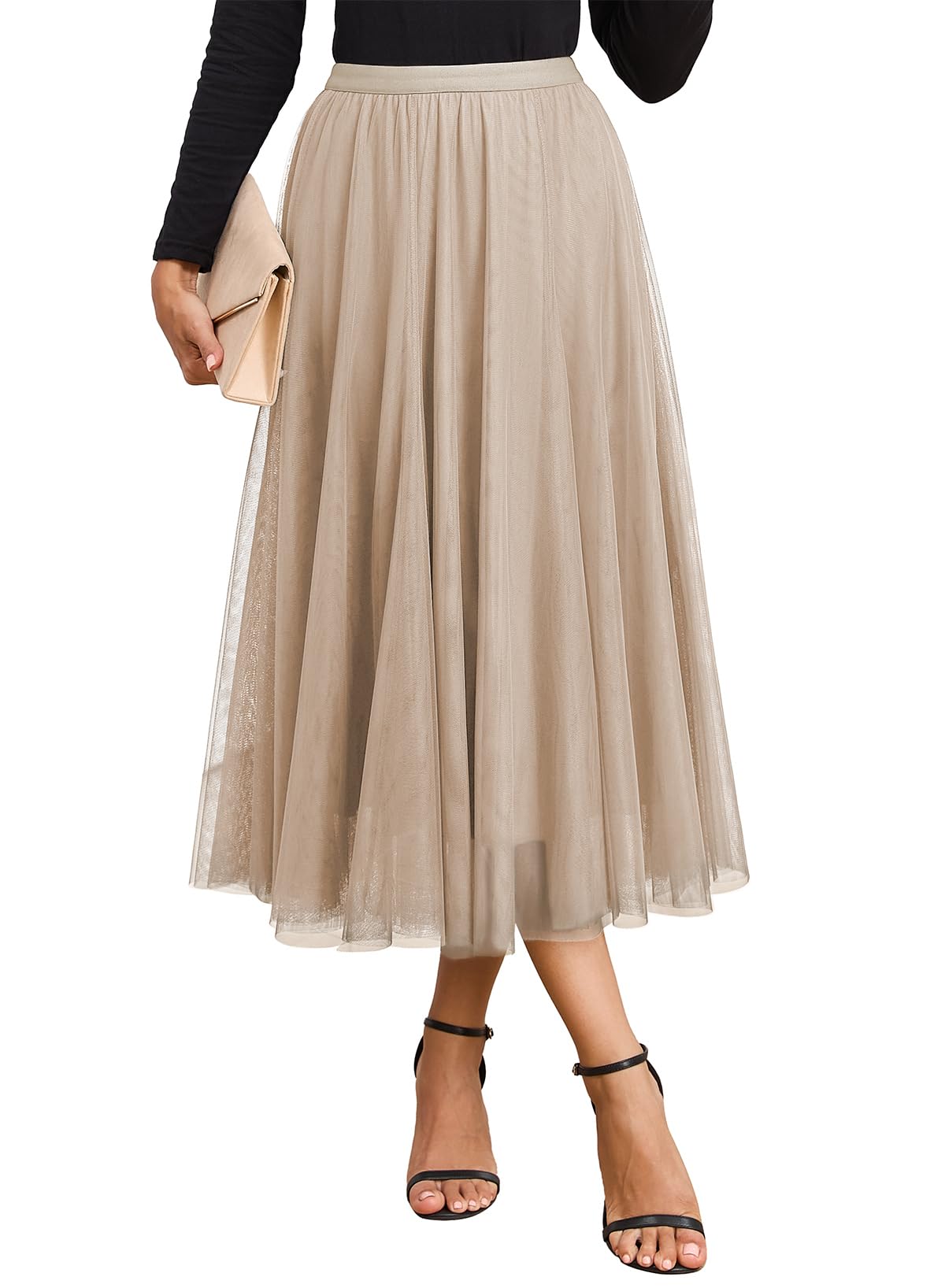Happy Sailed Womens Tulle Skirt Fall Fashion Elastic High Waisted A-Line Layered Flowy Long Tutu Skirts Date Night