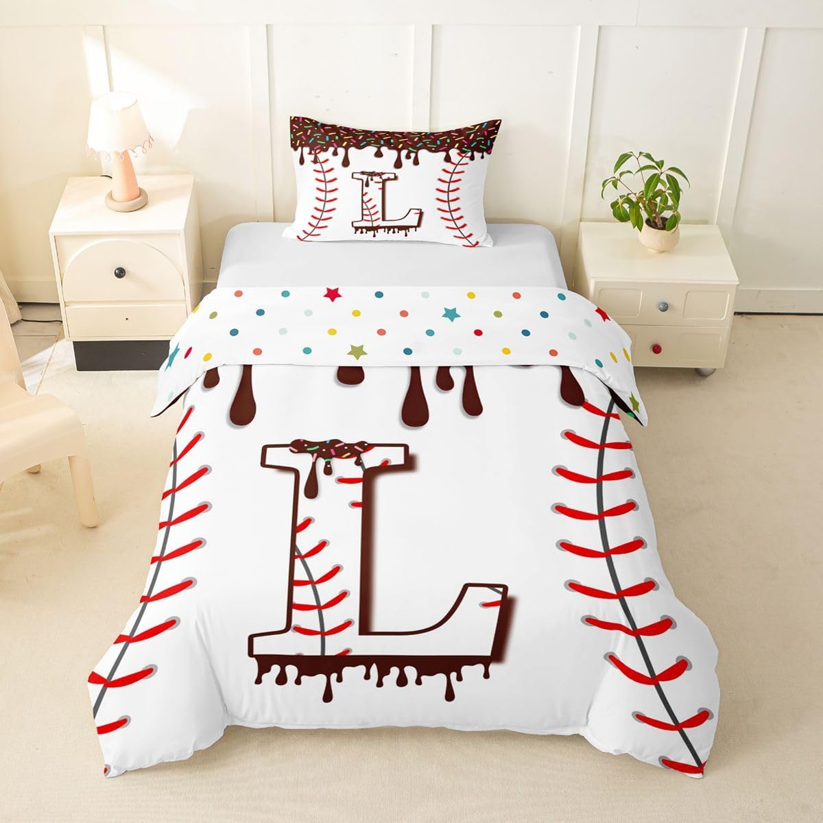 jejeloiu Baseball Ice Cream Duvet Cover Toddler Size Initial Letter V Comforter Cover for Boys Girls Brown Ice Cream Bedding Set 2Pcs Game Sports Room Decor