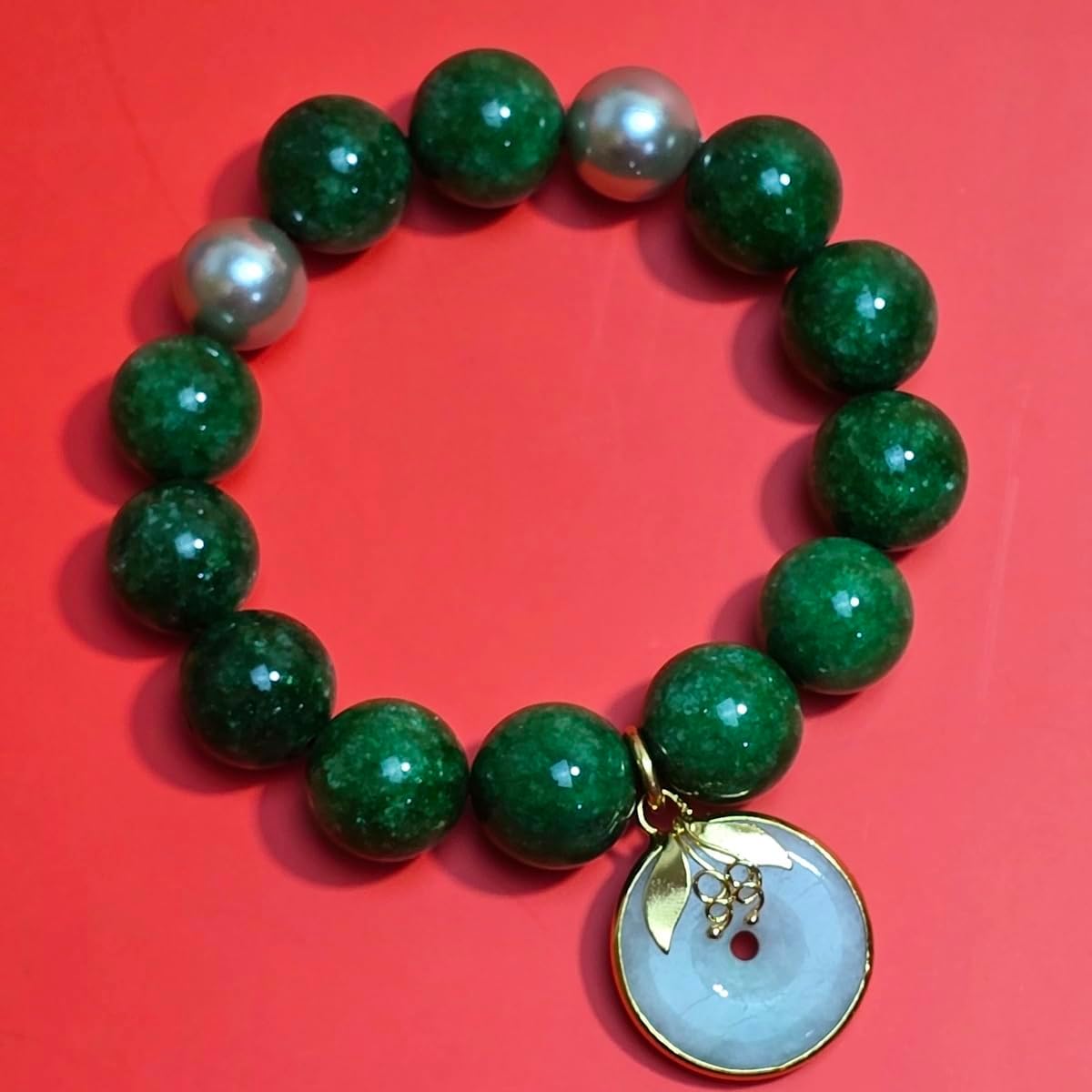 Heavens Tvcz Natural Green Jade Round 14 mm Gems Healing Energy Real Bracelet Bangle for Women Charms with Pendant Jade Coin Donut Money Powerful Thai Prosperity Success, Elastic Rope Inner Lenth