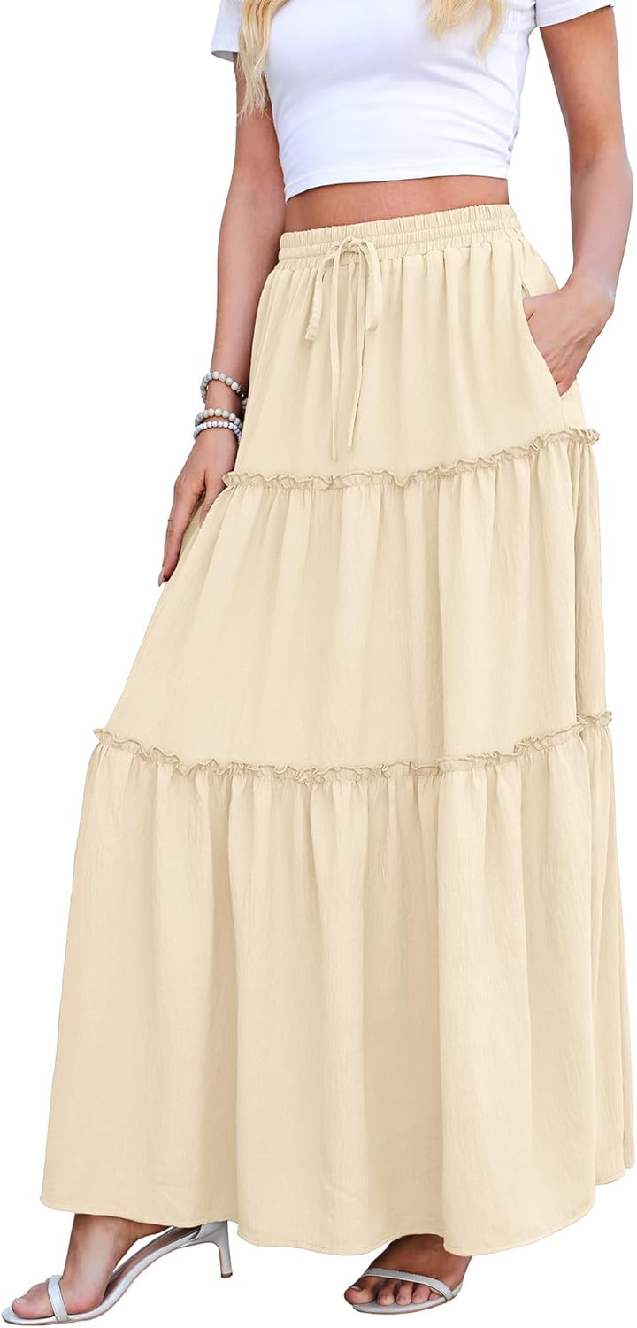 WEACZZY Womens Casual High Waisted A-Line Maxi Skirts Trendy Flowy Layered Pleated Long Skirt with Pockets - Image 2