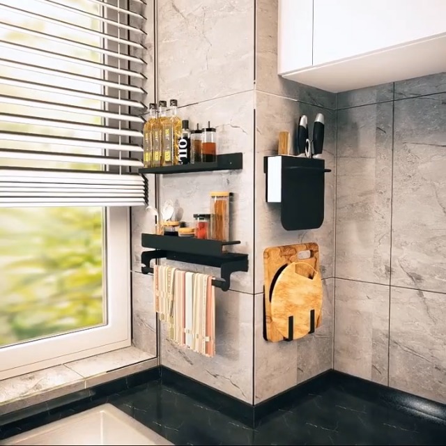 ZEONHEI 2er Set Gewürzregal Wand - Metall Organizer Ohne Bohren, Schwarz - Praktisches Küchenregal Mit Haken