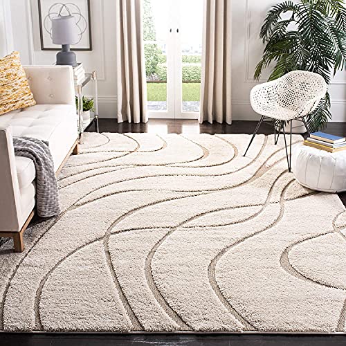 Image of Geometric Wave Square Shaggy Carpet for Living Room, Bedroom, High Low Design Finish Microfiber 1.8 Inch Pile High, 6x6 Feet Ivory|Beige Color