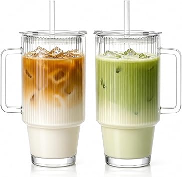 KEMORELA 24oz Ribbed Glass Cups with Lids and Straws,Glass Tumbler with Handle,2 setReusable Glass Ice Coffee Cups with Lid and Straw for Smoothies,Tea,Juice,Boba Cup for Cold & Hot Drinks,Travel Cup