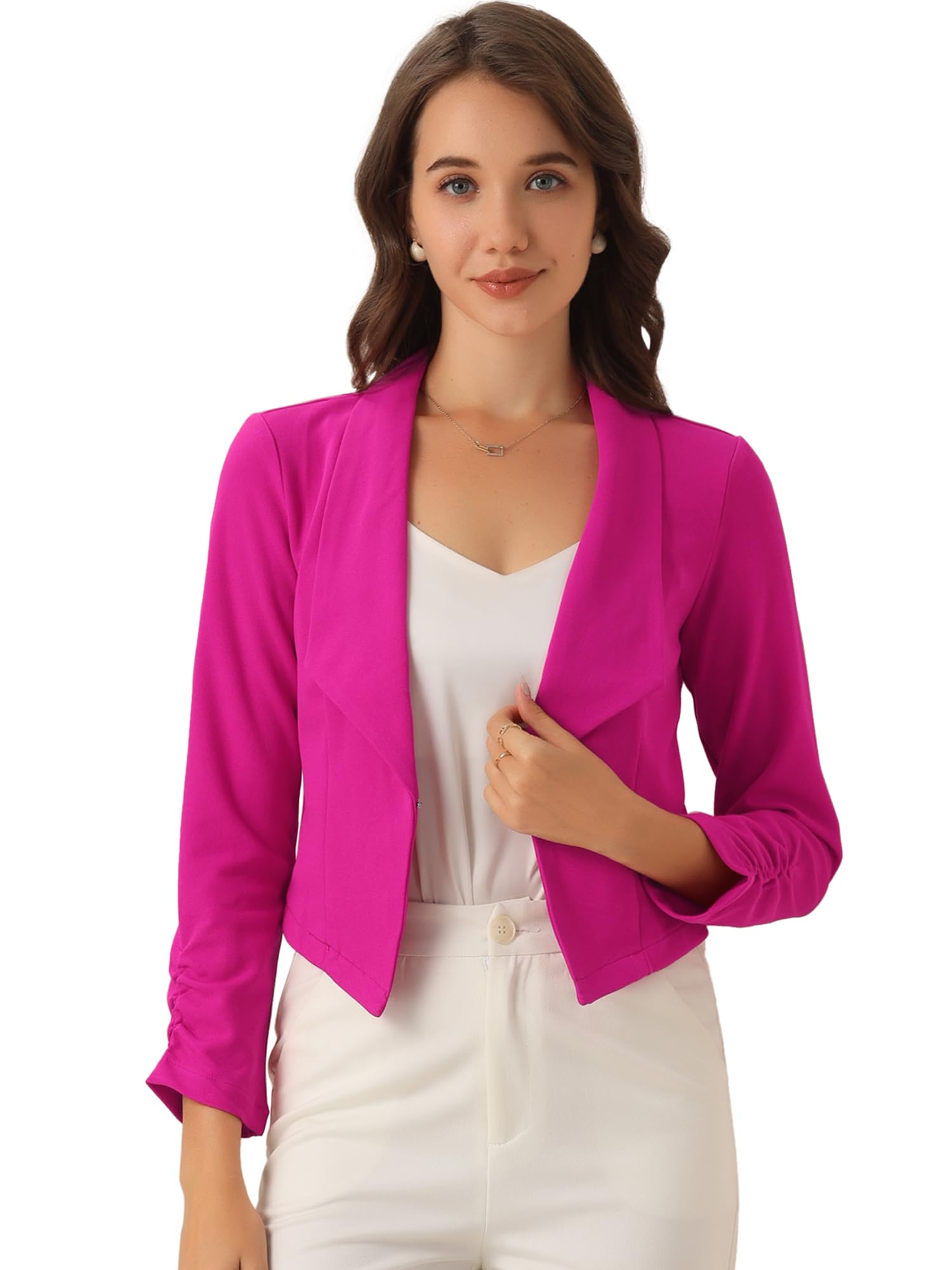 Allegra K Womens Notched Lapel Ruched Sleeve Jackets Business Cropped Blazer