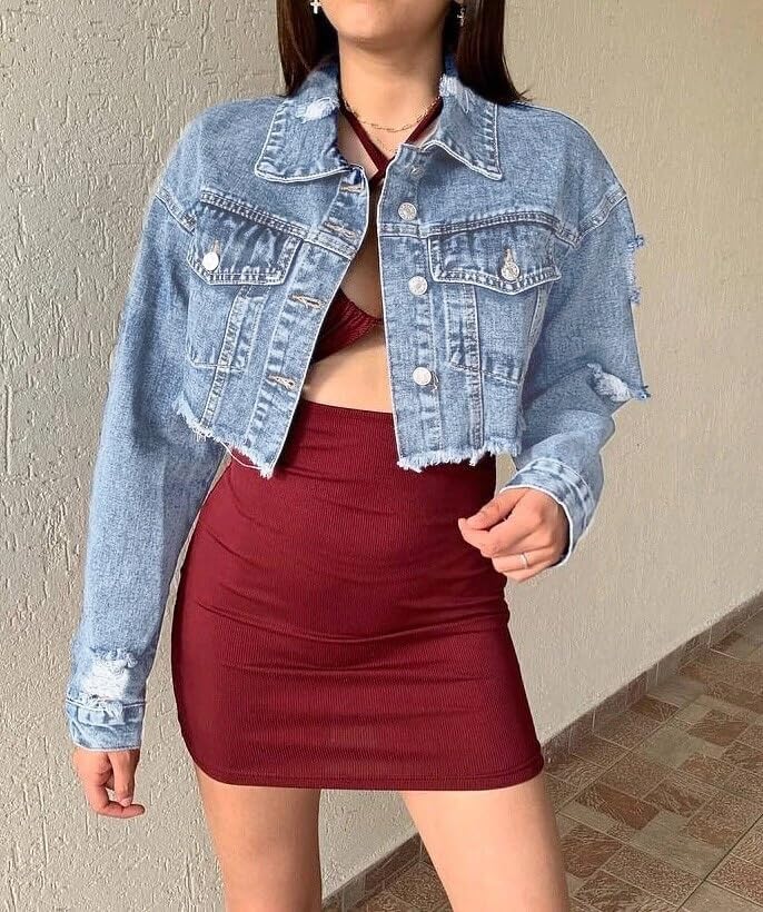 andy & natalie Women's Cropped Jean Jacket Fashion Frayed Hem Denim Jacket Long Sleeve Dressy Button Down Outfit Jackets - Image 2