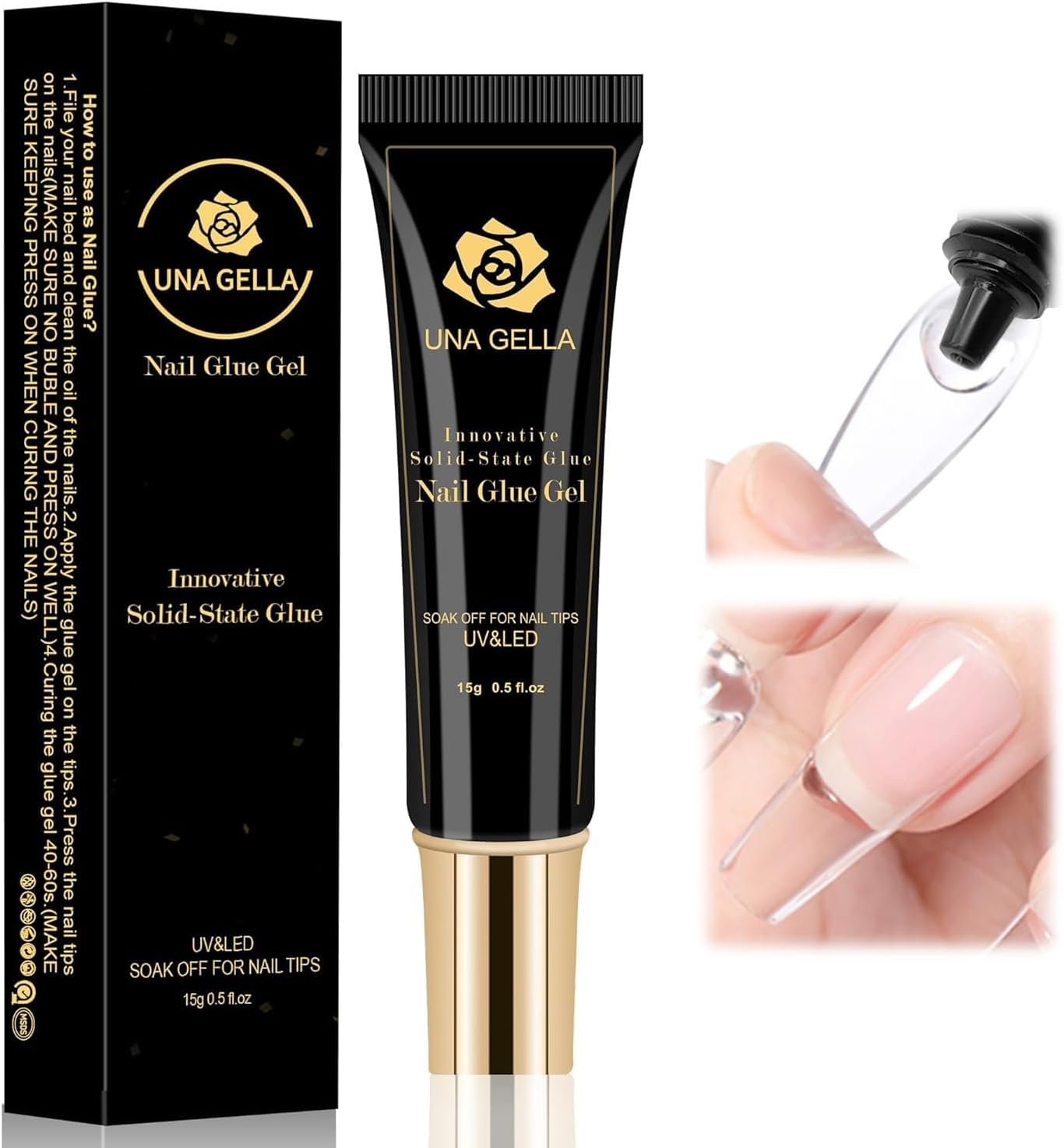 UNA GELLA Solid Nail Glue Gel 15ml Lamp Curing Needed Solid Soak Off U V/LED Lamp Required Super Strong Glue for Fake Acrylic Soft Gel Nail Tips Press On Nails Art Extension