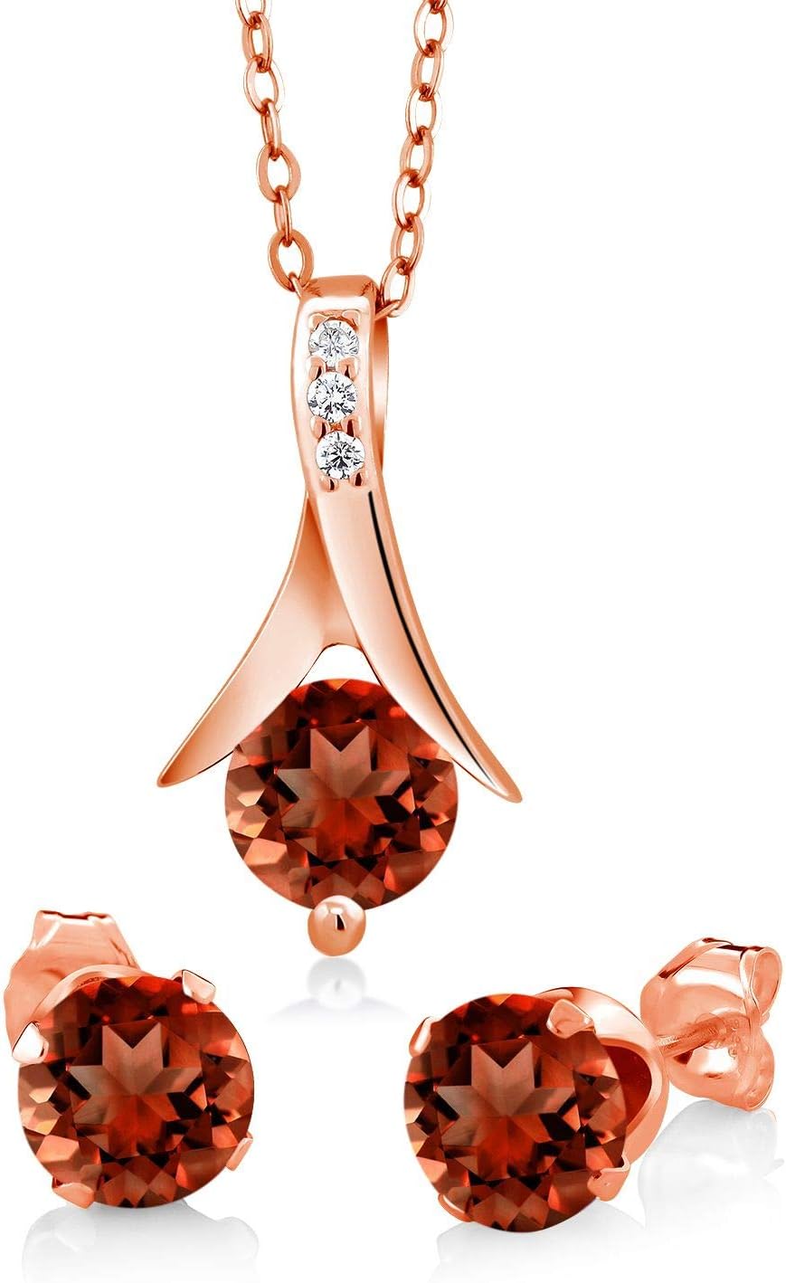 Gem Stone King 18K Rose Gold Plated Silver Pendant and Earrings Jewelry Set Round Garnet 2.25 cttw 18 InchesChain