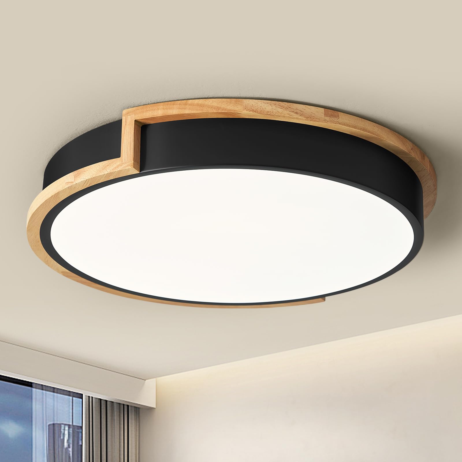 WOKNOS Deckenlampe, Deckenleuchte Schwarz 40cm, 36W LED Lamp mit Holz für Schlafzimmer Wohnzimmer Küche Flur Esszimmer 4000K