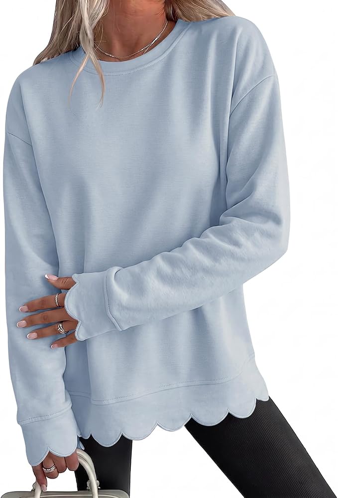 Fisoew Womens Oversized Crewneck Sweatshirts Scalloped Casual Pullover Tops