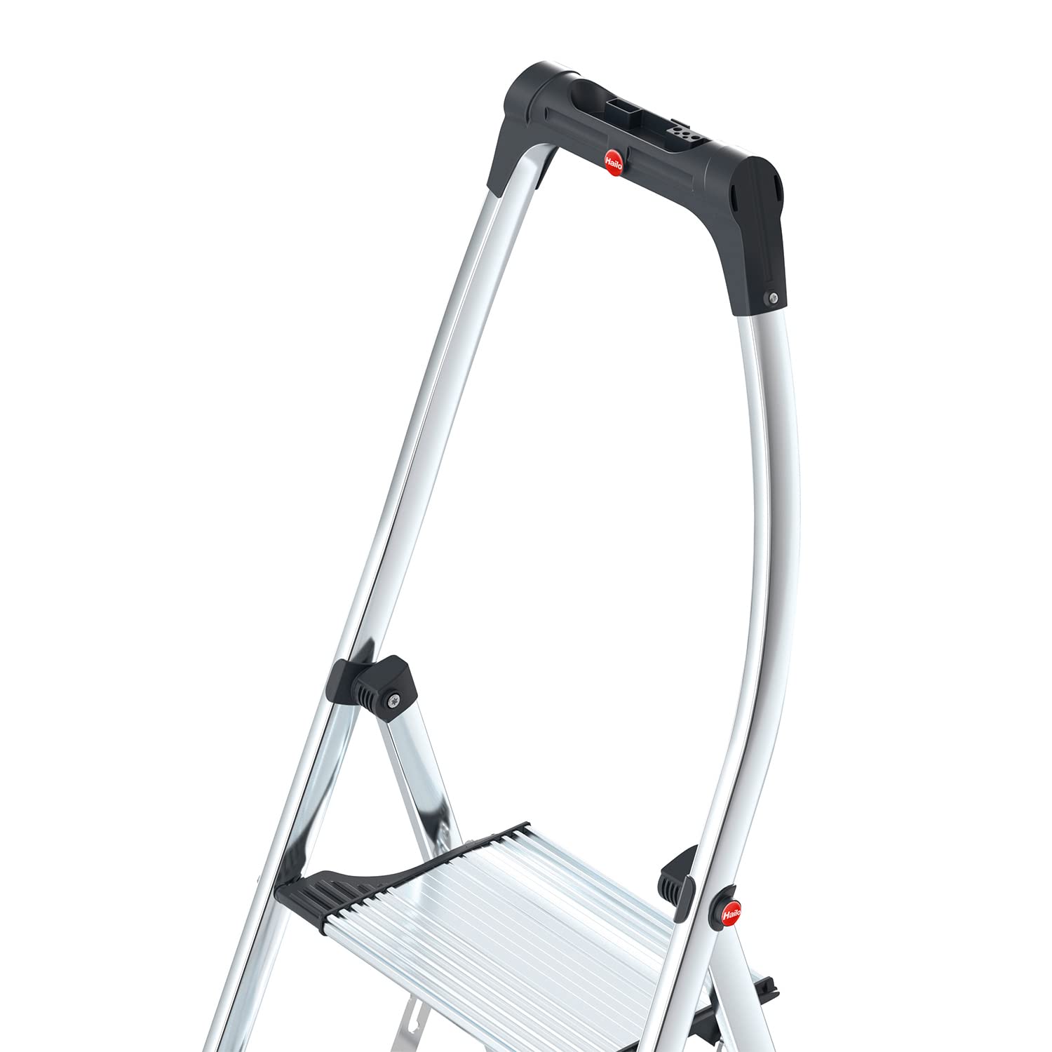 Hailo Alu-Klapptritt Topline, 3 extra große Stufen bis 150 kg, kleine Alu Leiter mit hochgeschwungenem Sicherheitsbügel & Ablageschale, Soft-Grip-Füße, rostfrei, Silber, Aktuelles Modell K100
