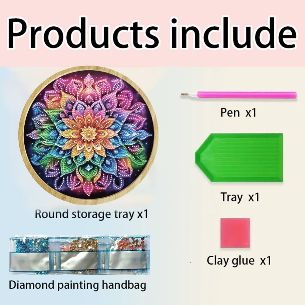 DIY Diamond Round Tray Diamond Art Painting Bamboo Table Decoration Tray, for Breakfast Bar Dinner Table for Beginner-Mandala-20