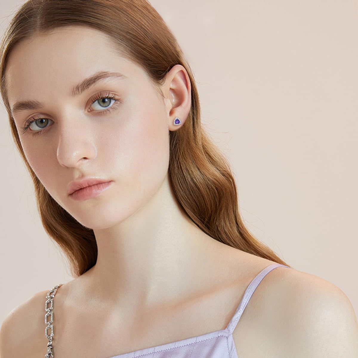 925 Sterling Silver February Birthstone Stud Earrings for Women Hypoallergenic 5mm Triangle Created Amethyst Crystal Earrings Birthday Jewelry Gift - Image 4