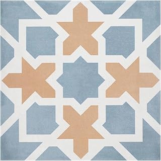 Tenedos HTCRC 8X8 Inch Geometric Blue & Terracota Gres Porcelain Square Flooring Wall Tile Matte Look for Backsplash Kitchen, Bathroom Shower, Accent Wall (1 Piece)