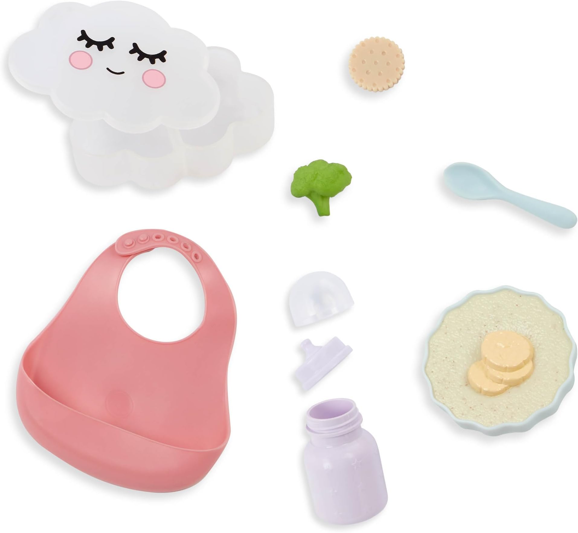 LullaBaby – Pretend Food Set – 10 Pieces Meal Time Accessories – Bib, Spoon & Cloud Food Container – 14-Inch Baby Doll Accessories – Pretend Play 2+ Years– Baby Doll Feeding Set