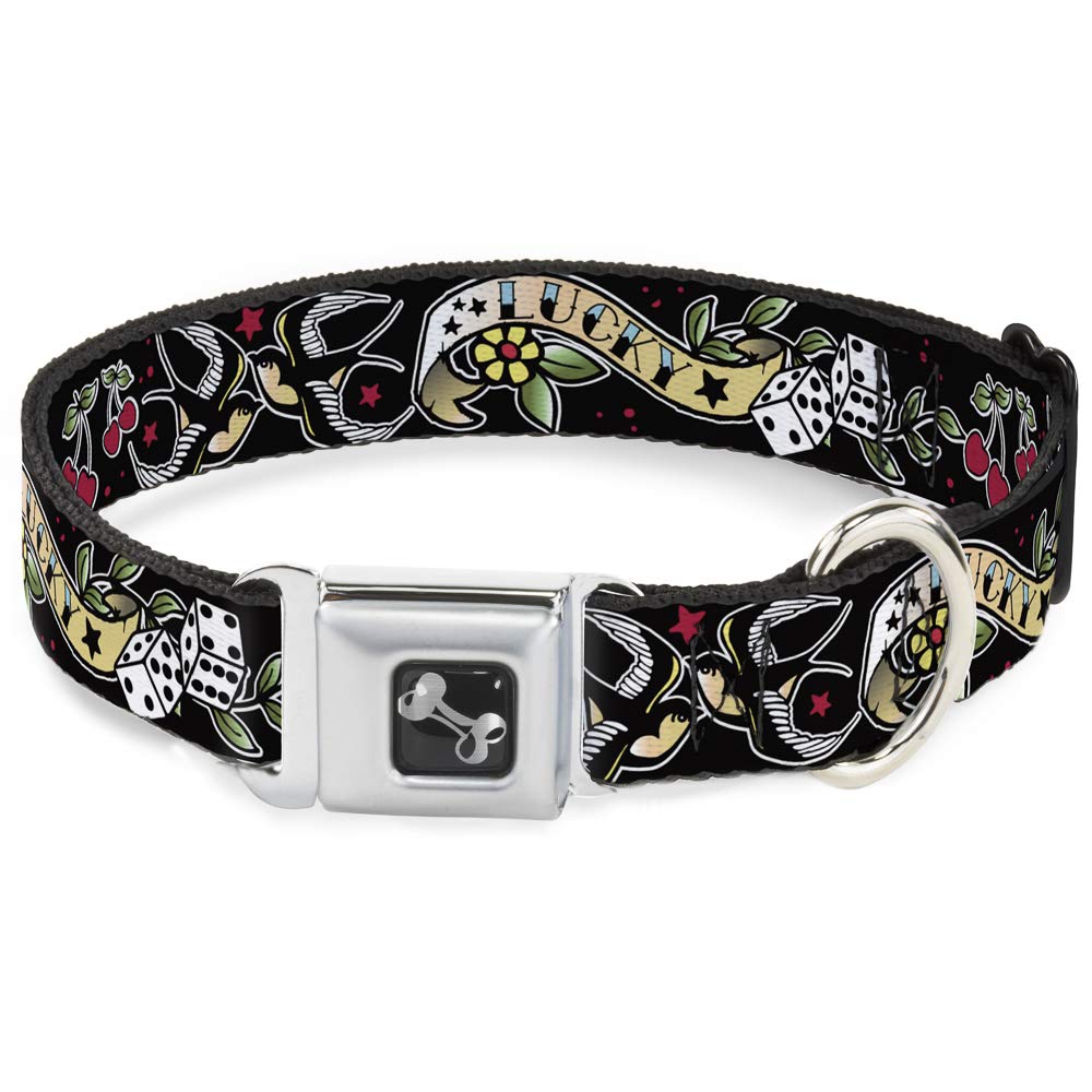 Dog Collar Seatbelt Buckle Lucky Black 11 to 17 Inches 1.0 Inch Wide