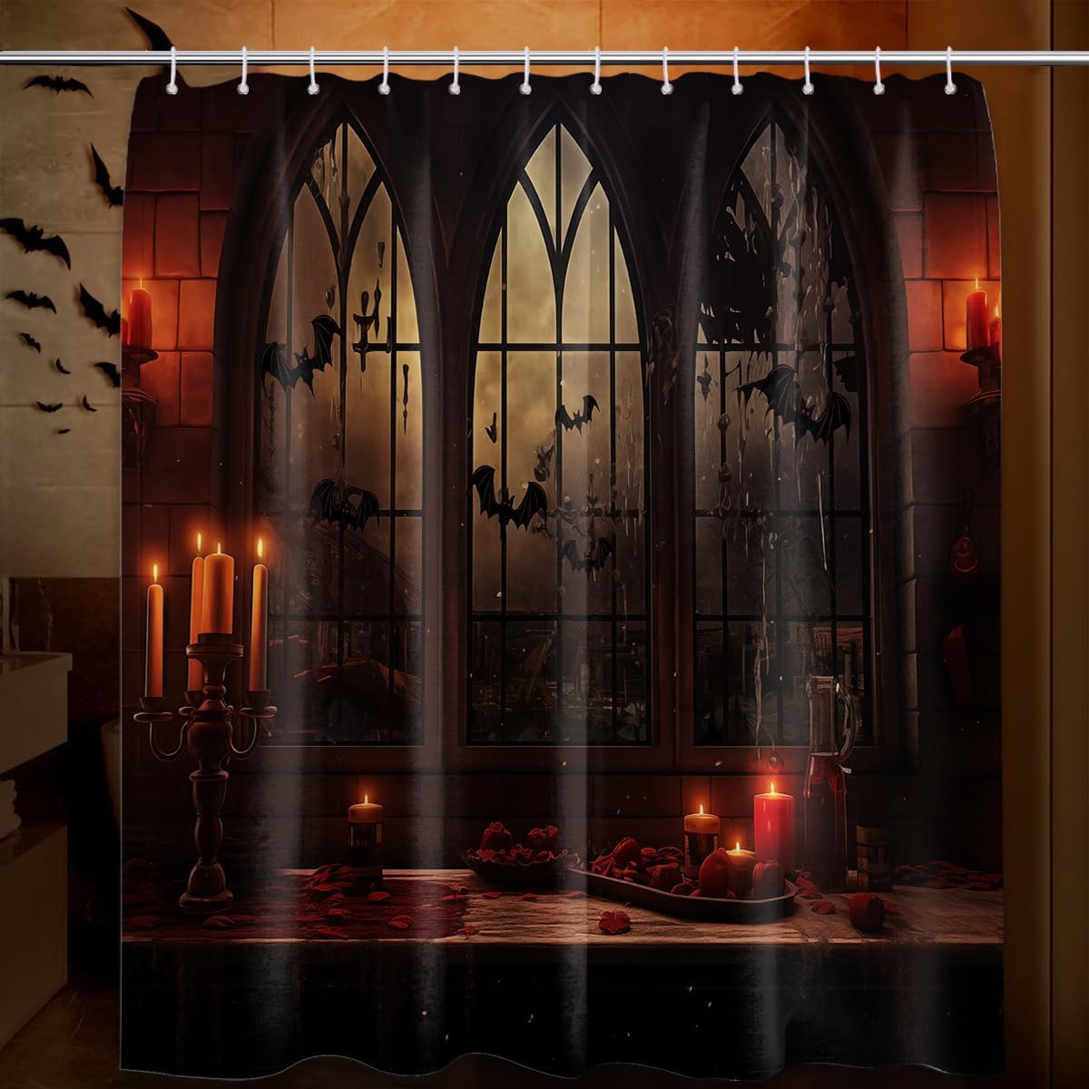 Halloween Shower Curtain, Spooky Gothic Haunted Mansion Pattern, Horror Scary Goth Bat Castle Bathroom Curtain Set, Decorative Waterproof Fabric (70''W x 84''L)