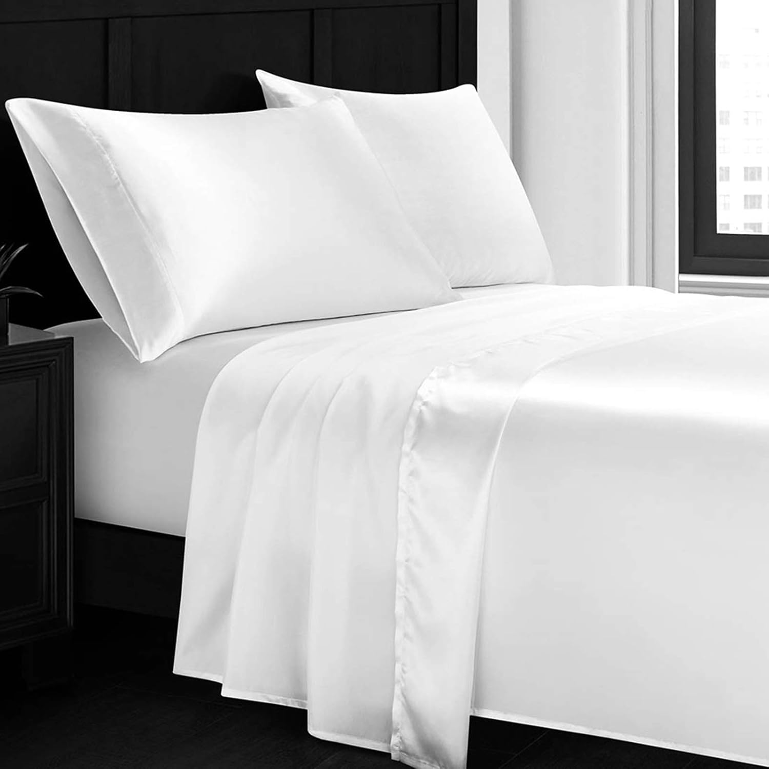 Millions 5Pcs Satin Split Cal-King Sheets Set for Adjustable Bed Hotel Bed Set 100% Soft Satin High Thread Count Fits Mattress Upto 15''Deep Pockets Satin Split Cal-King Black Sheets Set