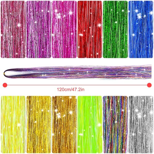 Foto von 12 Farbe Haarsträhnen zum Einflechten, 120cm Glitzersträhnen für Haare Kit für Frauen Mädchen, Glitzer Haare Haarsträhnen Kinder, Haarsträhnen Kit mit Werkzeug für Mädchen Kinder Cosplayer