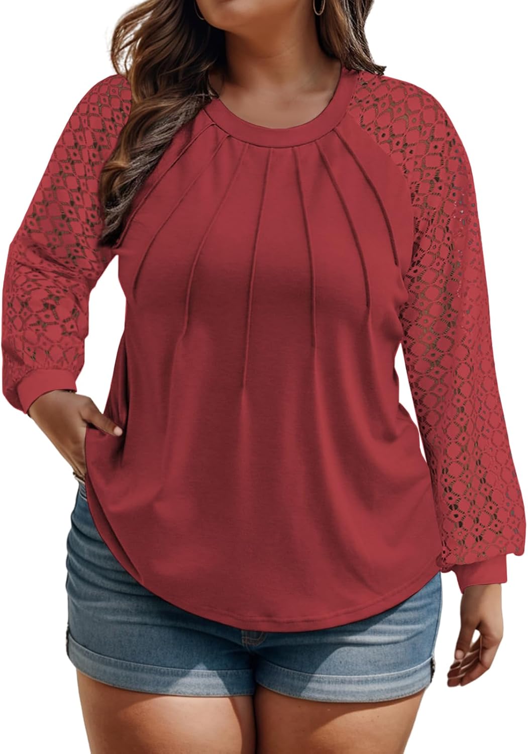 Women's Plus Size Tops Fashion Lace Long Sleeve Shirts Casual Fall Knitted Tunics Dressy Going Out Crewneck Blouses XL-5XL