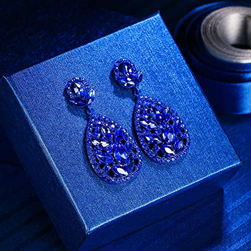 Elequeen Women's Wedding Bridal Austrian Crystal Bohemia Teardrop Chandelier Dangle Earrings Royal Blue Color Blue-Tone #TOP6