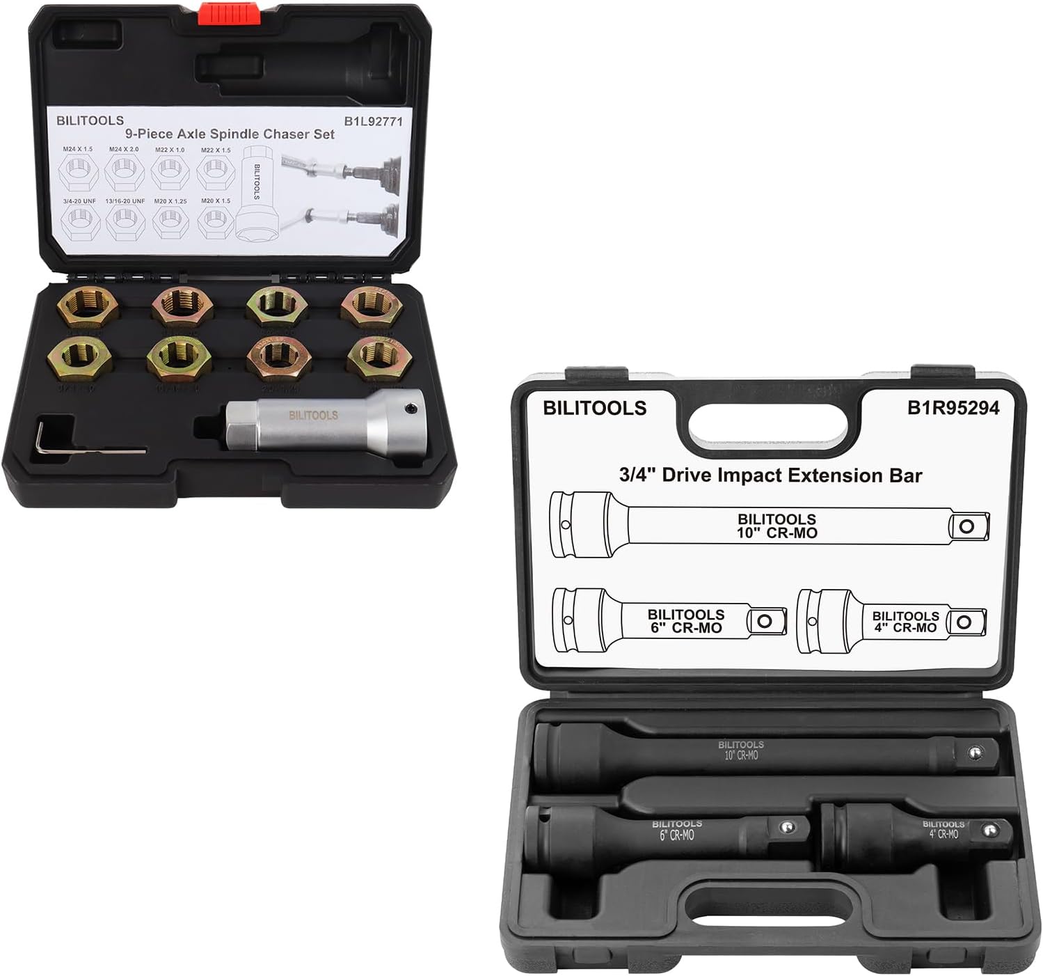 BILITOOLS 9-Piece Axle Spindle Thread Chaser Set& 3/4 inch Drive Extension Set Impact Grade Socket Ratchet Extension Bar Set 4", 6", 10"