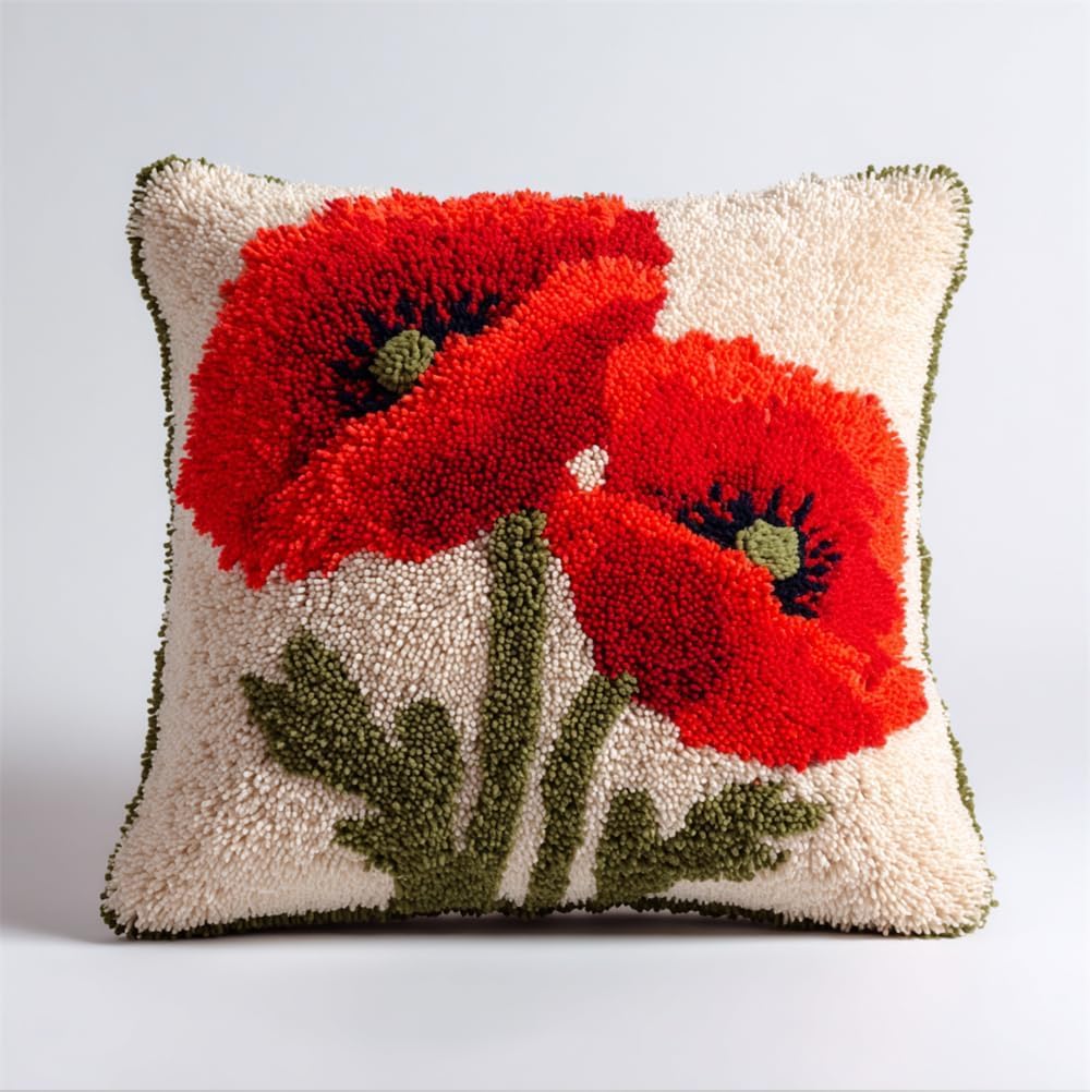 FWRTYCB Latch Hook Pillow Kit Poppy Flowers Crochet Yarn Hooking Pillowcas