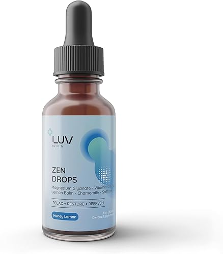 LUV Zen Drops gotas de apoyo para la ansiedad y el estrés con glicinato de magnesio, vitamina D3, melisa, manzanilla, azafrán, L-teanina. Keto,