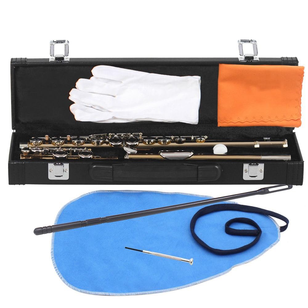Flauta de 16 teclas con llaves plateadas en oro, flauta con boquilla cuadrada, cuerpo de tubo de cobre blanco, tecnología de oro pintado, tono redondo y sensación cómoda, adecuada for principiantes y
