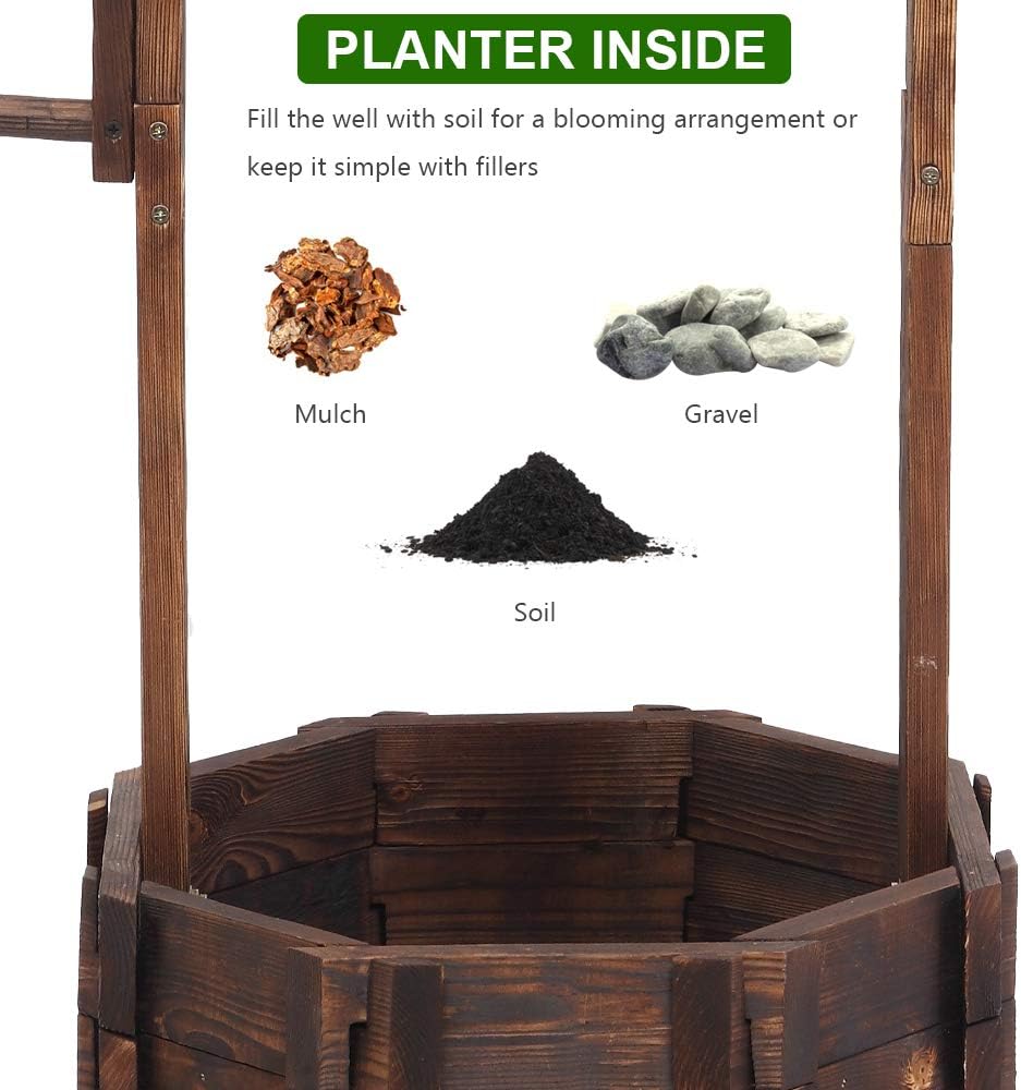 Rustic Wooden Wishing Well Planter Outdoor Home Décor for Patio, Garden, Yard w/Hanging Bucket, Brown