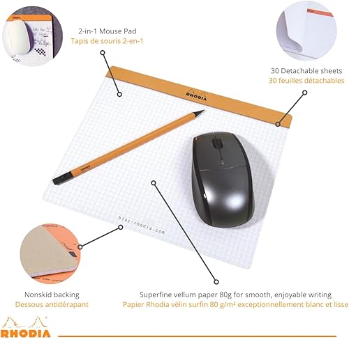 Miniatura 2 de Rhodia 19410C - Bloc de notas con alfombrilla de ratón, 7.5x9.1 in, cuadrado, 30 hojas desmontables, papel Clairefontaine 2.82 oz, base