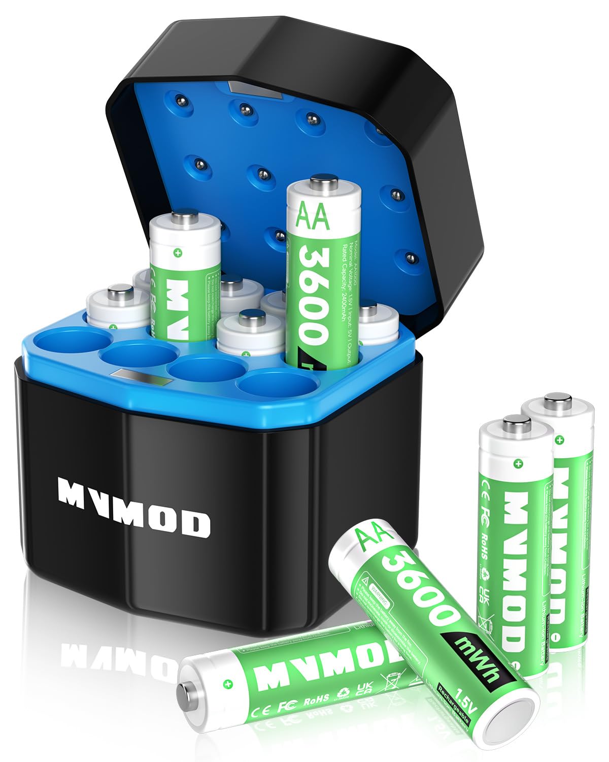 MVMOD Wiederaufladbare Lithium Akkus AA 12-Pack mit Ladegerät, 1,5V 3600mWh AA Wiederaufladbare Batterien mit Integrierter Schnelles Aufladen Aufbewahrungsbox (12er-Pack) Grün