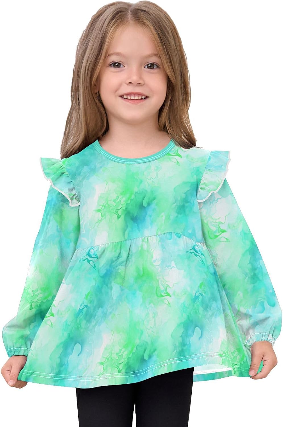 visesunny Toddler Clothes for Girls Green Blue Style Tie-dye Long Sleeve Fall Shirts Cotton Top with Ruffle Collar