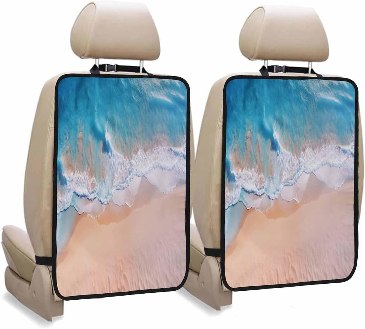 T&H XHome Car Seat Protector, 2 Pack Kick Mats with Organizer - 3 Pocket Storage, Summer Sea Water Blue Ocean Waves Sunshine Back Seat Cover for Kids Universal Fit Automotive Interior Protectors
