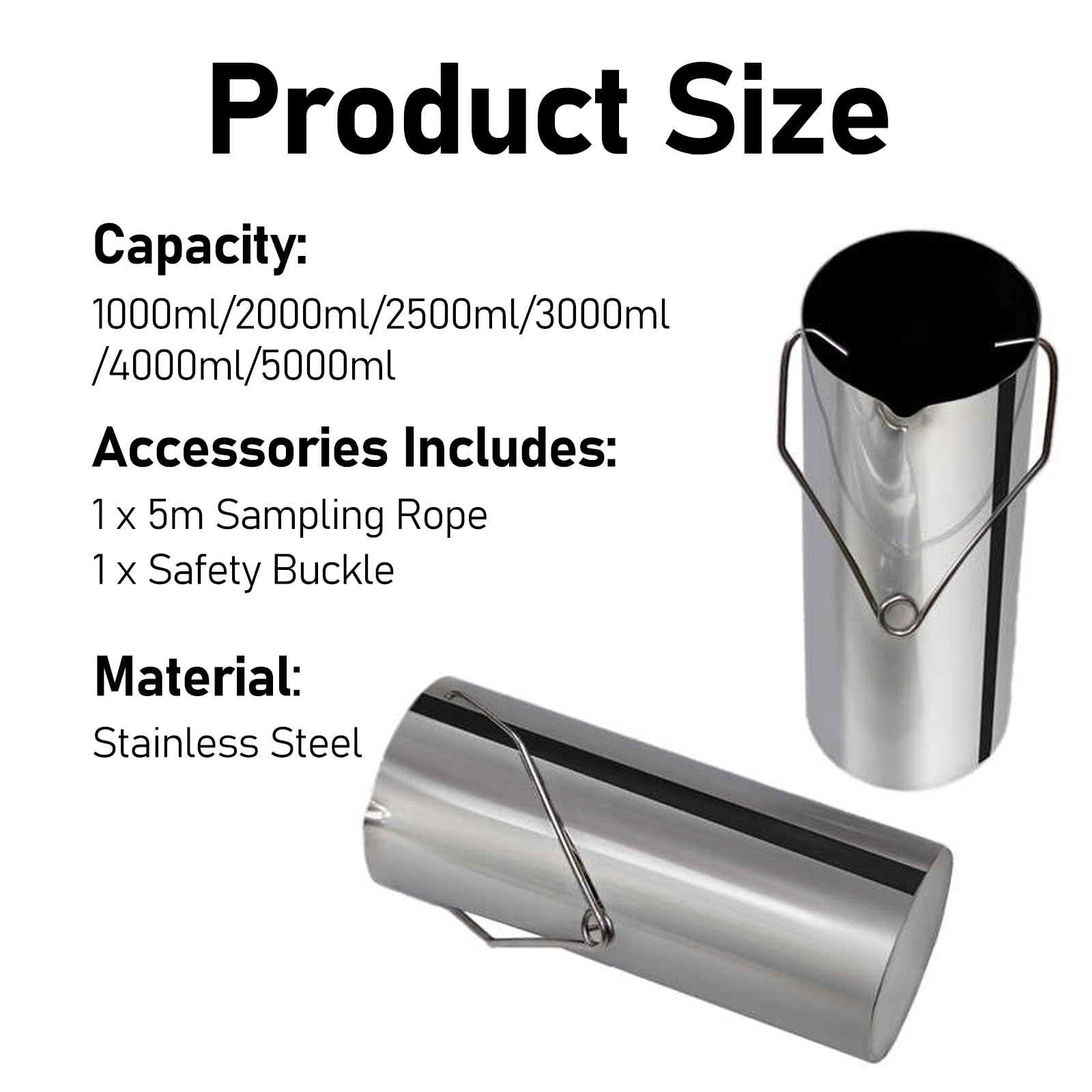 Cucchiaio per campionatore d'acqua in acciaio inossidabile 304, 2000 ml, leggero, contenitore ultra resistente per monitoraggio ambientale e test di qualità dell'acqua