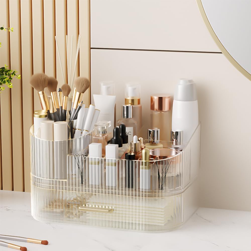 360° Rotating Makeup Organizer with Drawer, Clear Acrylic Cosmetic Storage Display, Stackable Beauty Counter (Clear, Large (Tray + 1 Drawer)) - Image 3