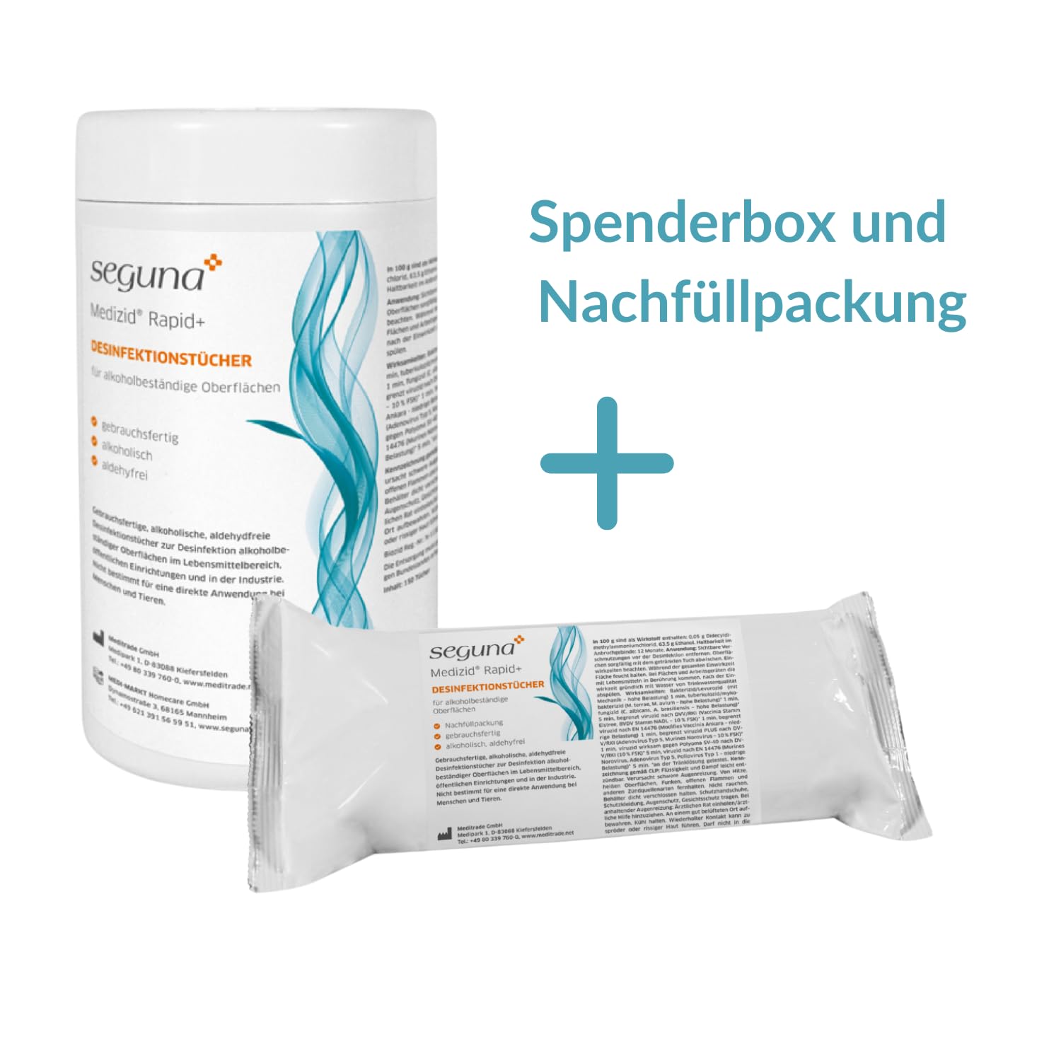 SEGUNA Desinfektionstücher-Set, 1 Dose + 1 Nachfüllbeutel mit je 150 gebrauchsfertigen Tüchern, Flächendesinfektionstücher