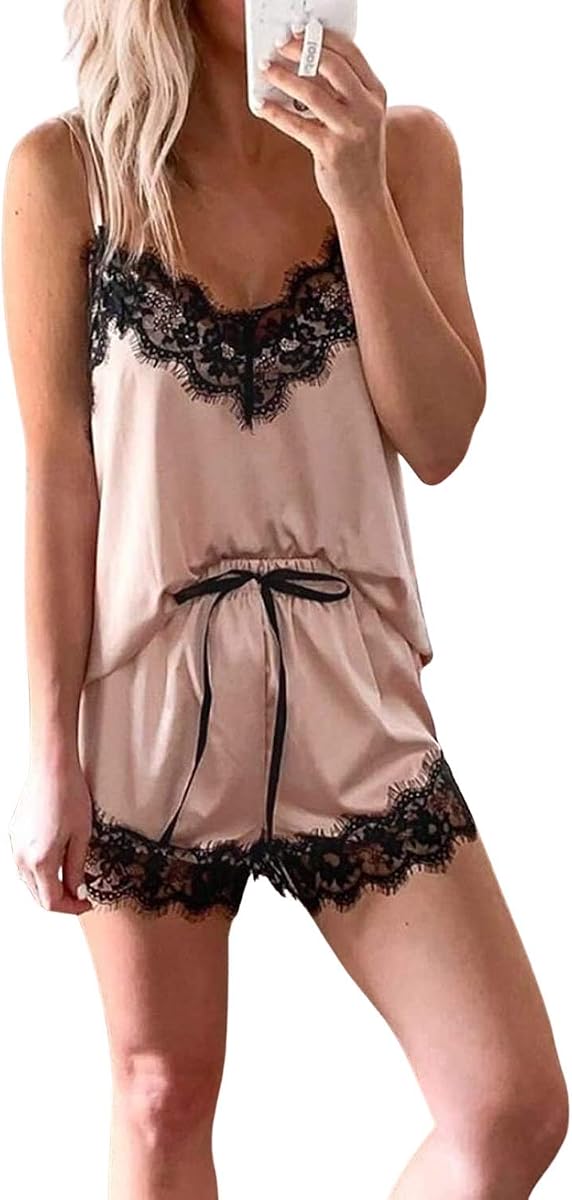 Conjunto de pijama de encaje sexy de lencería, ropa interior para dormir y descansar para mujeres, conjunto de pantalones cortos lindos y sedosos de lencería