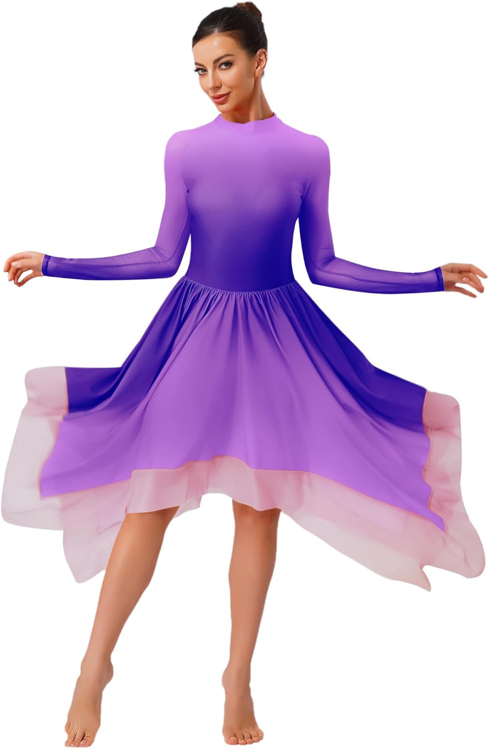 Women's Praise Dance Dress Long Sleeve Asymmetrical Tunic Worship Liturgical Dancewear