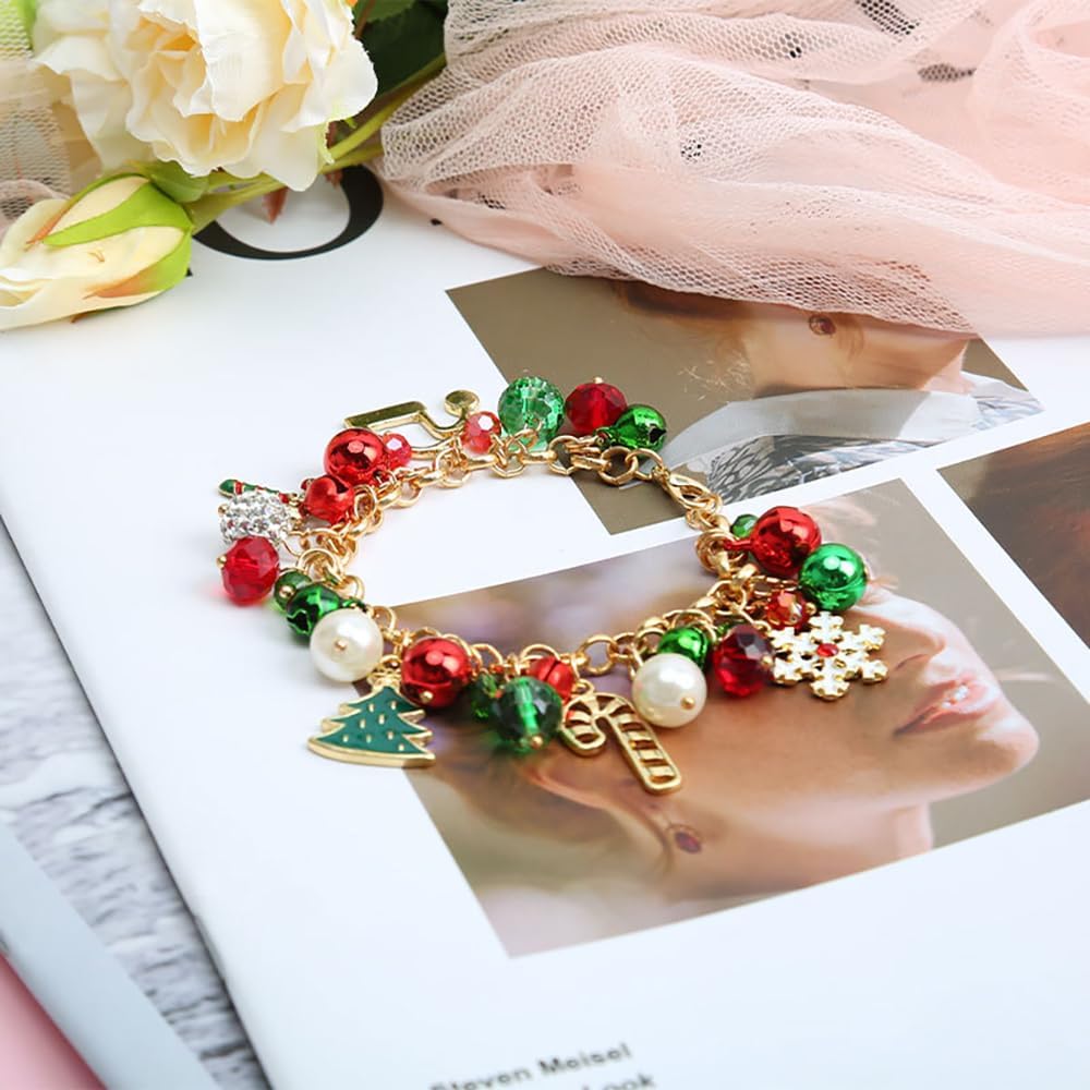 Christmas Charms Bracelet for Women Dangle Santa Hat Candy Cane Snowflake Flower Xmas Tree Jingle Bell Red Green Beaded Chain Bracelets Fashion Holiday Festival Jewelry Gifts Costume Ornament - Image 4